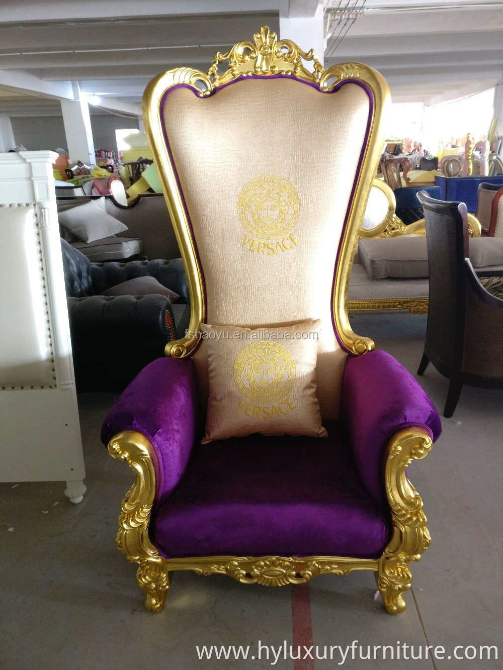 Supply royal king throne chair, PU bergere chair, purple leather hotel high back chair